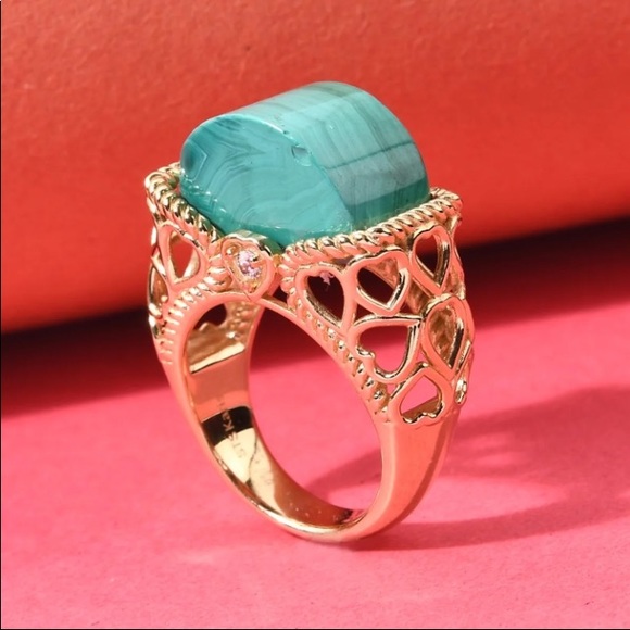 African Malachite & Natural White Zircon Ring in ION Plated 18K Yellow Gold Sz 7 - Picture 13 of 16